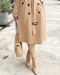 Solid Color Puff Sleeves Featured Double-breasted Casual Strappy Fashion Coat