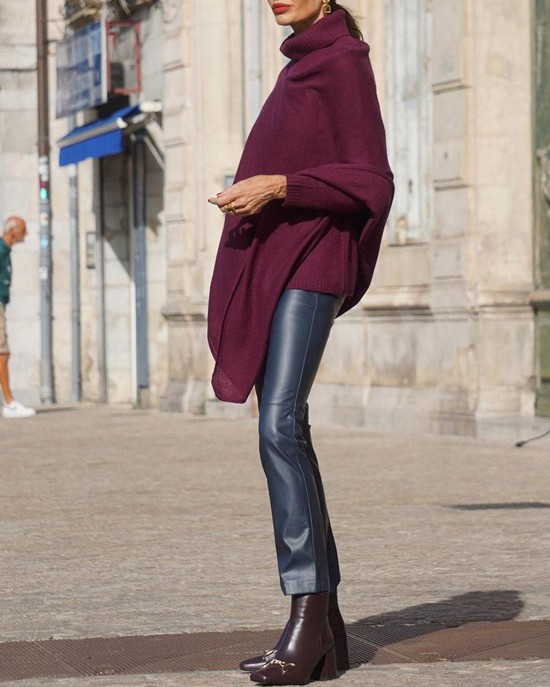 Solid Color Turtleneck Sweater with Irregular Hem