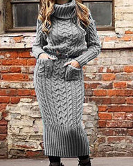 Pullover Pocket Knitted Sweater Dress Plain