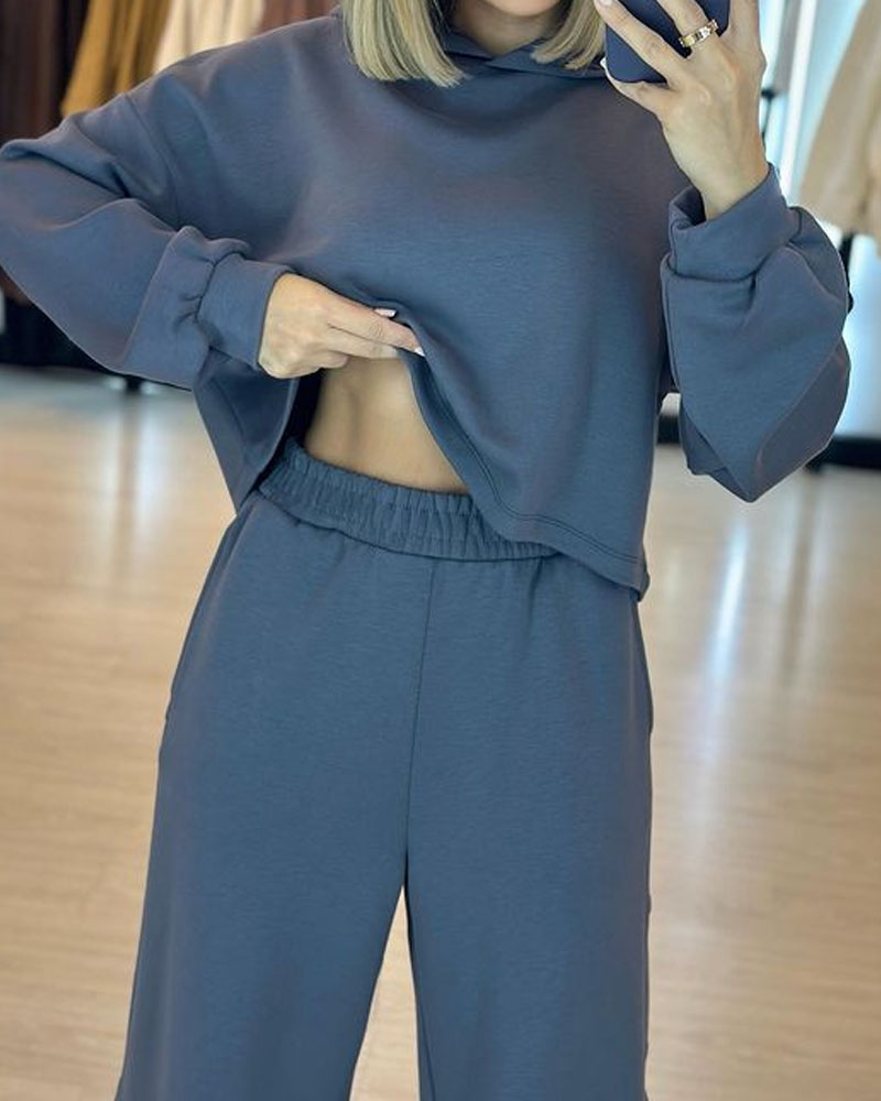 Solid Color Hooded Sweatshirt & Pants Two-piece Set