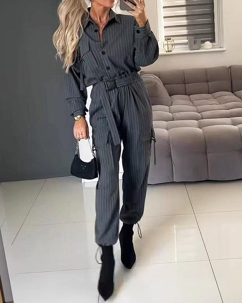 Striped Work Shirt & Legged Overalls Two-piece Set