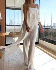 Solid Color Irregular Hem Suspenders & Wide-leg Pants Two-piece Set