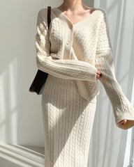 Women's Knitted Sweater Cardigan Skirt Suit