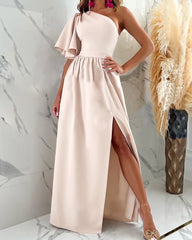 Solid Color Ruffled Sloping Shoulder Hem Slit Dress