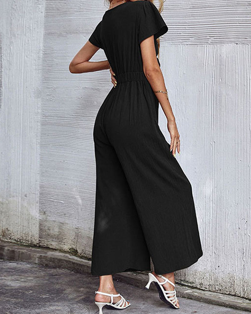 Solid Color Sexy V-neck Cropped Wide-leg Jumpsuit