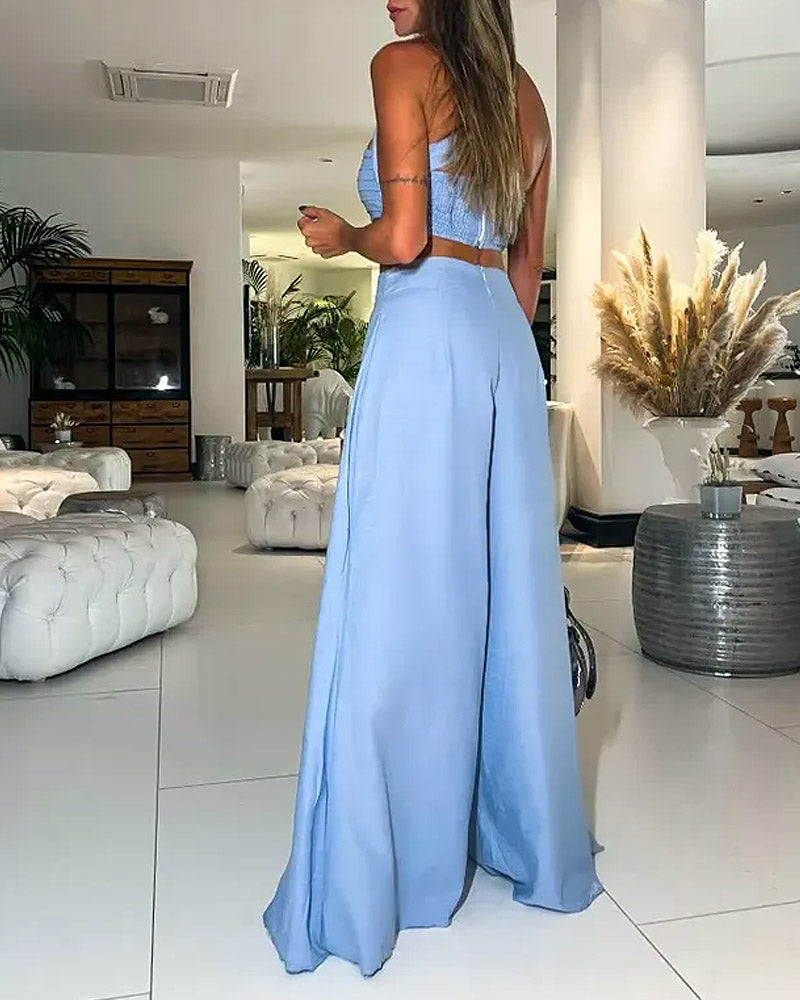 Solid Color One-shoulder Tube Top & Lace Wide-leg Pants Two-piece Set