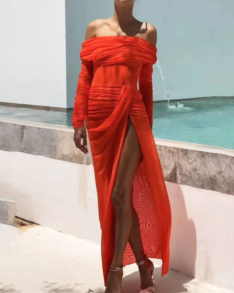 Solid Color Ruched Off-Shoulder Slit Dress