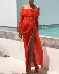 Solid Color Ruched Off-Shoulder Slit Dress