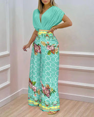 Batwing Sleeve Wrap Top & Floral Geo Print Wide Leg Pants Set