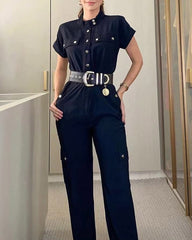 Solid Color Snap Button Casual Jumpsuit