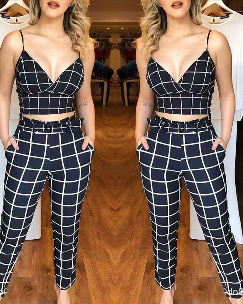 Sexy Suspender V-neck Plaid Cropped Pants Two Piece Set