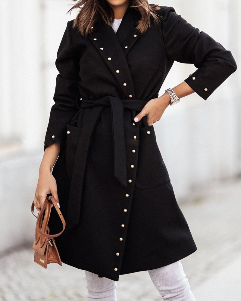 Double-breasted Studded Long-sleeve Lapel Coat