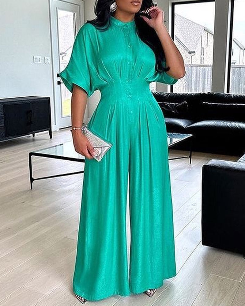 Solid Color Mid-collar High-waisted Wide-leg Pants Jumpsuit