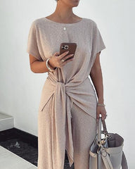 Long sleeve solid color tie two piece set