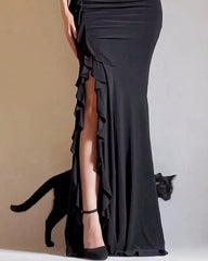 Solid Color V-neck One-shoulder Lace Slit Dress