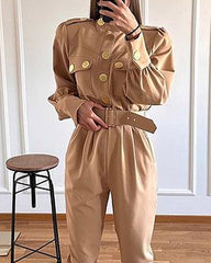 Solid Color Slim Fit Jumpsuit with Small Fragrant Snap Buttons