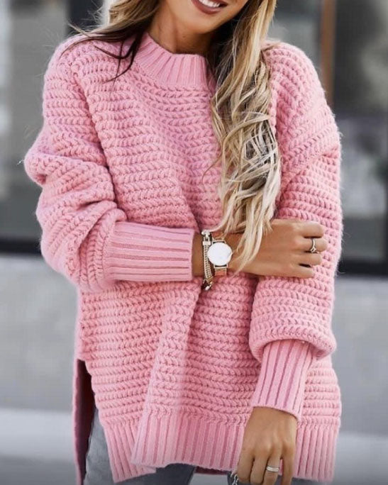 Loose solid color long-sleeved chunky side slit knitted sweater