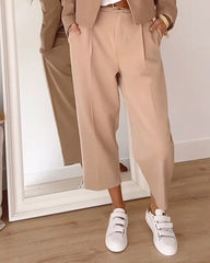 Solid Color Buttoned Casual Jacket & Wide-leg Nine-point Pants Two-piece Set