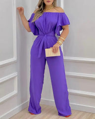 One-shoulder Tie Short-sleeve Women's Jumpsuit