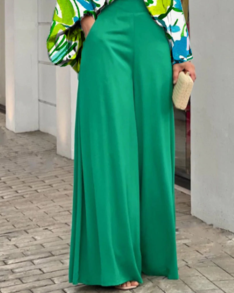 Casual Print Shirt & Wide Leg Pants Two-Piece Set