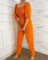 Casual Puff Sleeve Solid Color Jumpsuit