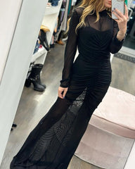 Solid Color Sheer Pleated Slim Dress