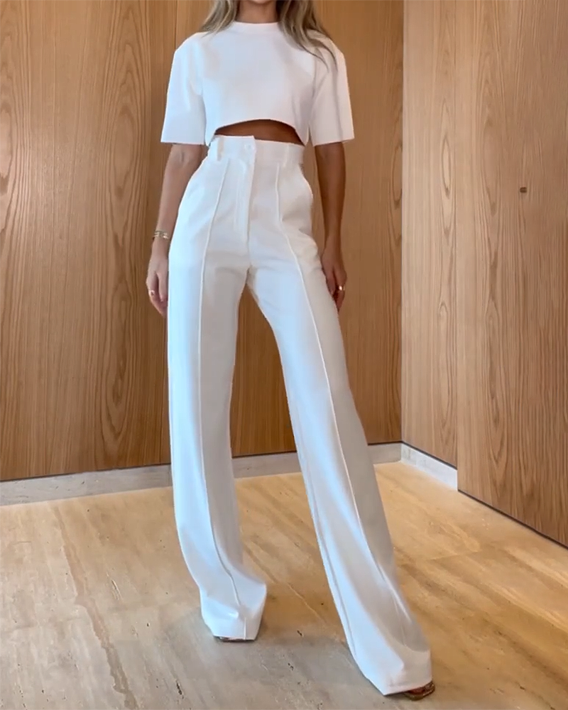 Round Neck Short Sleeve Top Trousers Solid Color Two-piece Suit