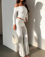 Solid Color One-shoulder Irregular Hem Top & Casual Pants Two-piece Set