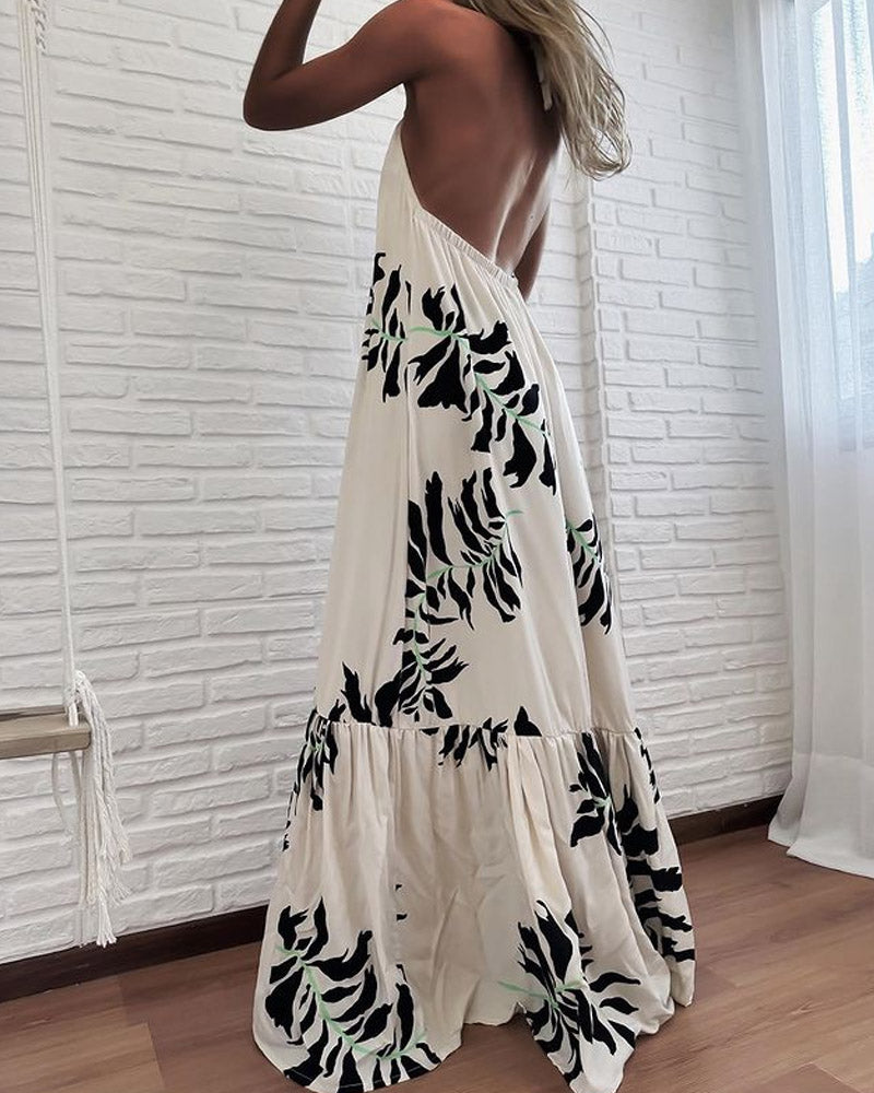 Printed Halter Neck Open Back Resort Style Dress