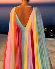 V-neck Colorful Colorblock Pleated Shawl Dress