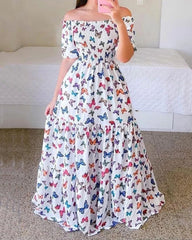 One-shoulder Floral Print Off-the-shoulder Dress