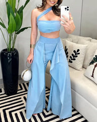 Solid Color One-shoulder Tube Top & Lace Wide-leg Pants Two-piece Set