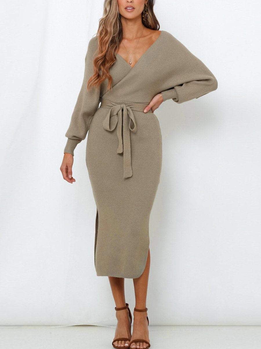 Knitted Dress Slim V neck Sweater Dress