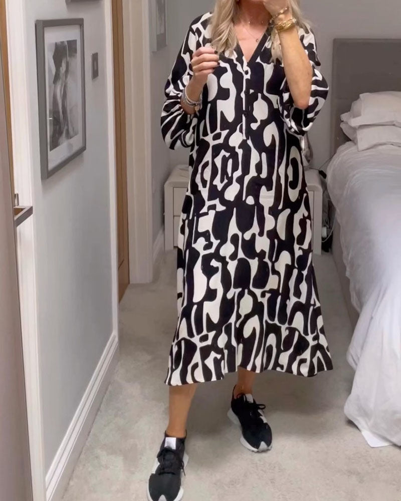 Casual V-Neck Long Sleeve Print Dress