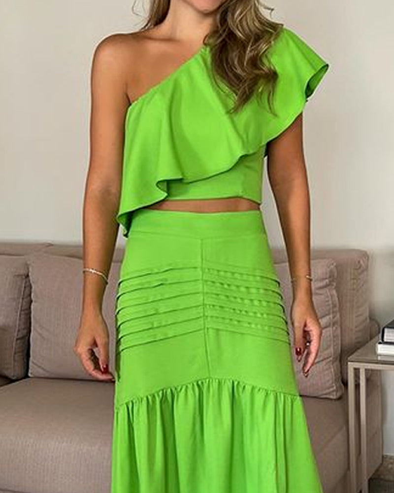 Casual Solid Color One-shoulder Top & Skirt Two-piece Set