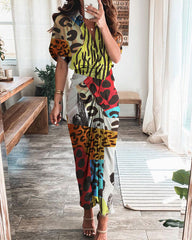 Long-sleeved V-neck button-print dress maxi dress