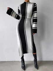 High Neck Striped Long Sleeve Midi Dress