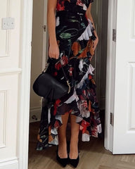 Elegant V-neck Printed Ruffle Dress