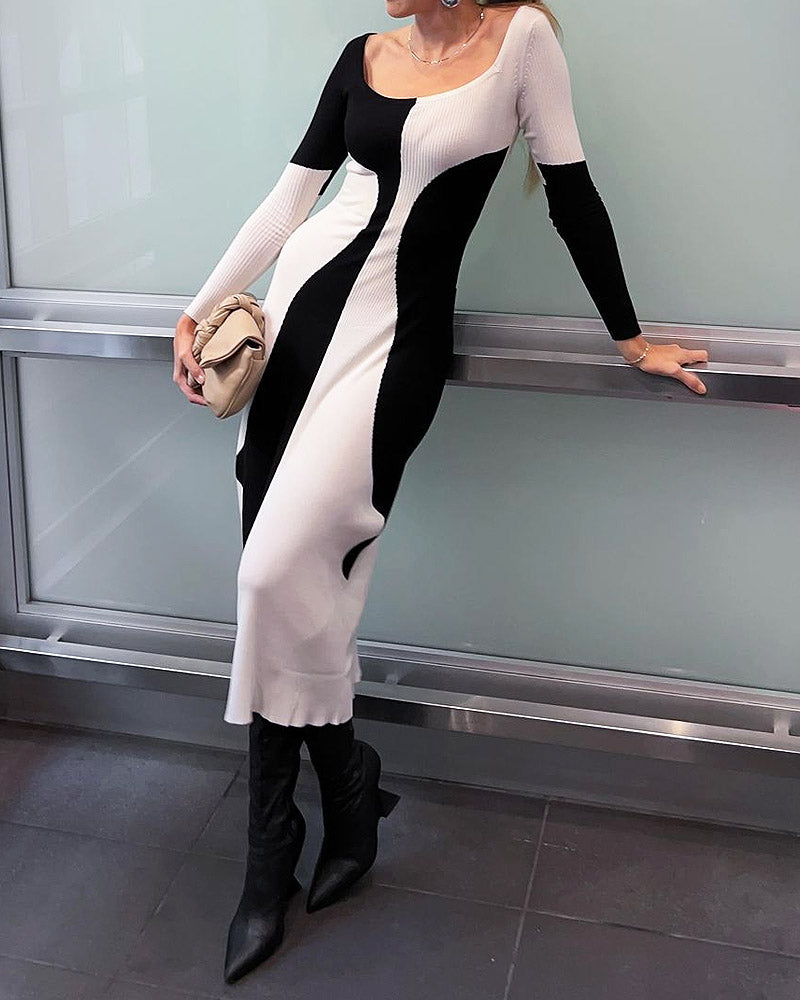 Round Neck Color Block Knitted Slim Fit Dress