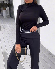 Solid Color Turtleneck Top & High-waisted Wide-leg Pants Two-piece Set