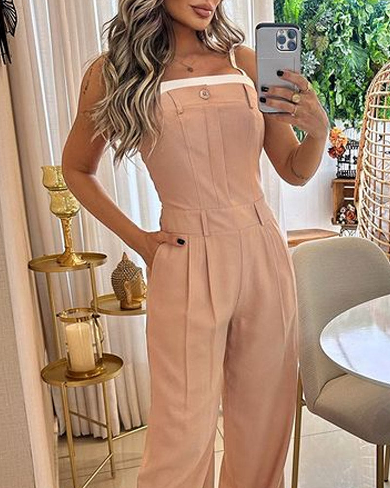 Solid Color Suspender Casual Wide Leg Jumpsuit