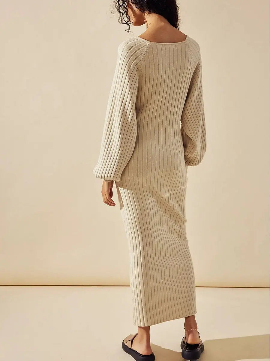 Solid Color Knitted V-neck Sweater Dress