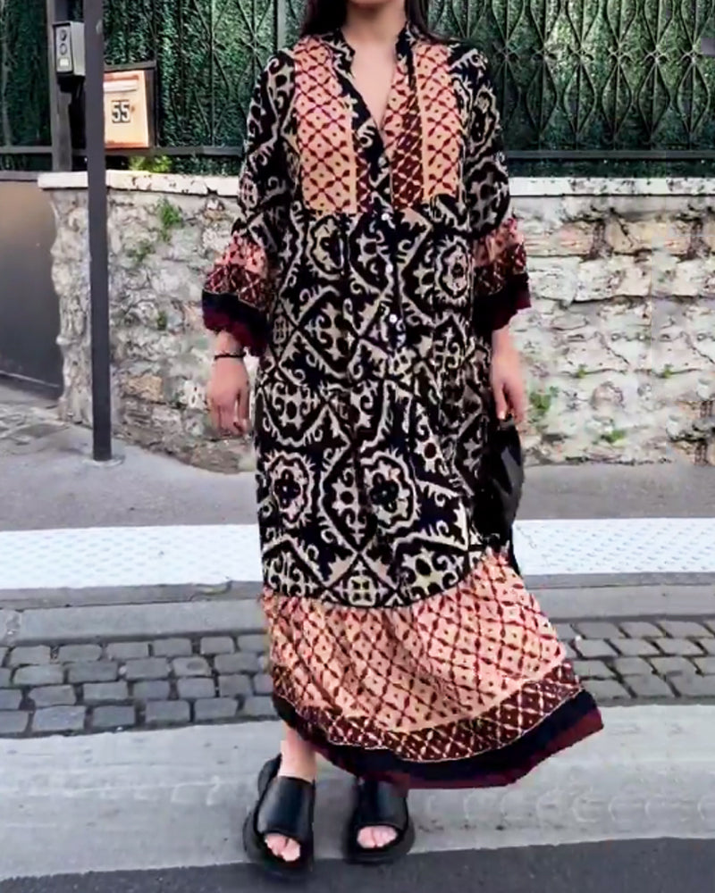 Fashion V-Neck Long Sleeve Print Dress