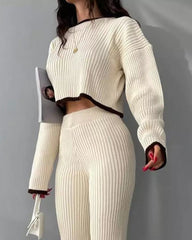 Two-piece Long-sleeved Sweater with Color Matching Top and Pants