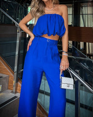 Casual Solid Color Tube Top & Trousers Two-piece Set