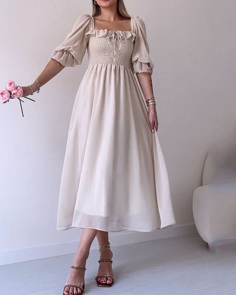 Solid Color Square Neck Puff Sleeve Chiffon Dress