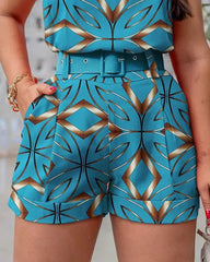 Casual Printed Round Neck Top & Shorts Set (with Belt)