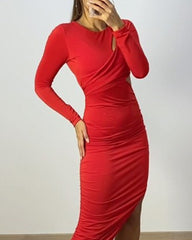 Long sleeve hollow solid color dress