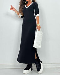 Colorblock Slit V-neck Casual Dress