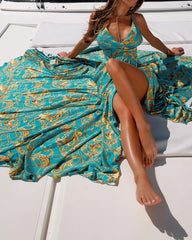 Deep V Print Resort Dress